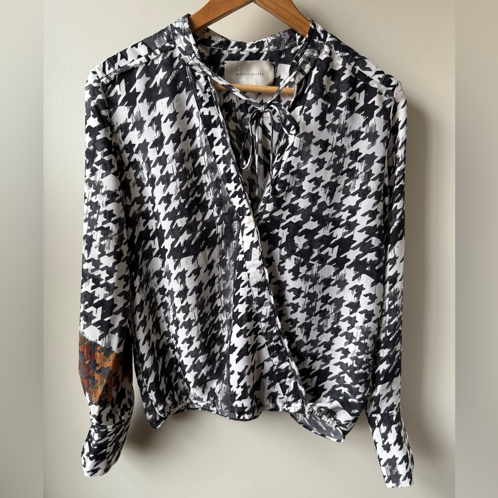 BROCHU WALKER Mayes Wrap Top Blouse Houndstooth Office Career Contemporary XS